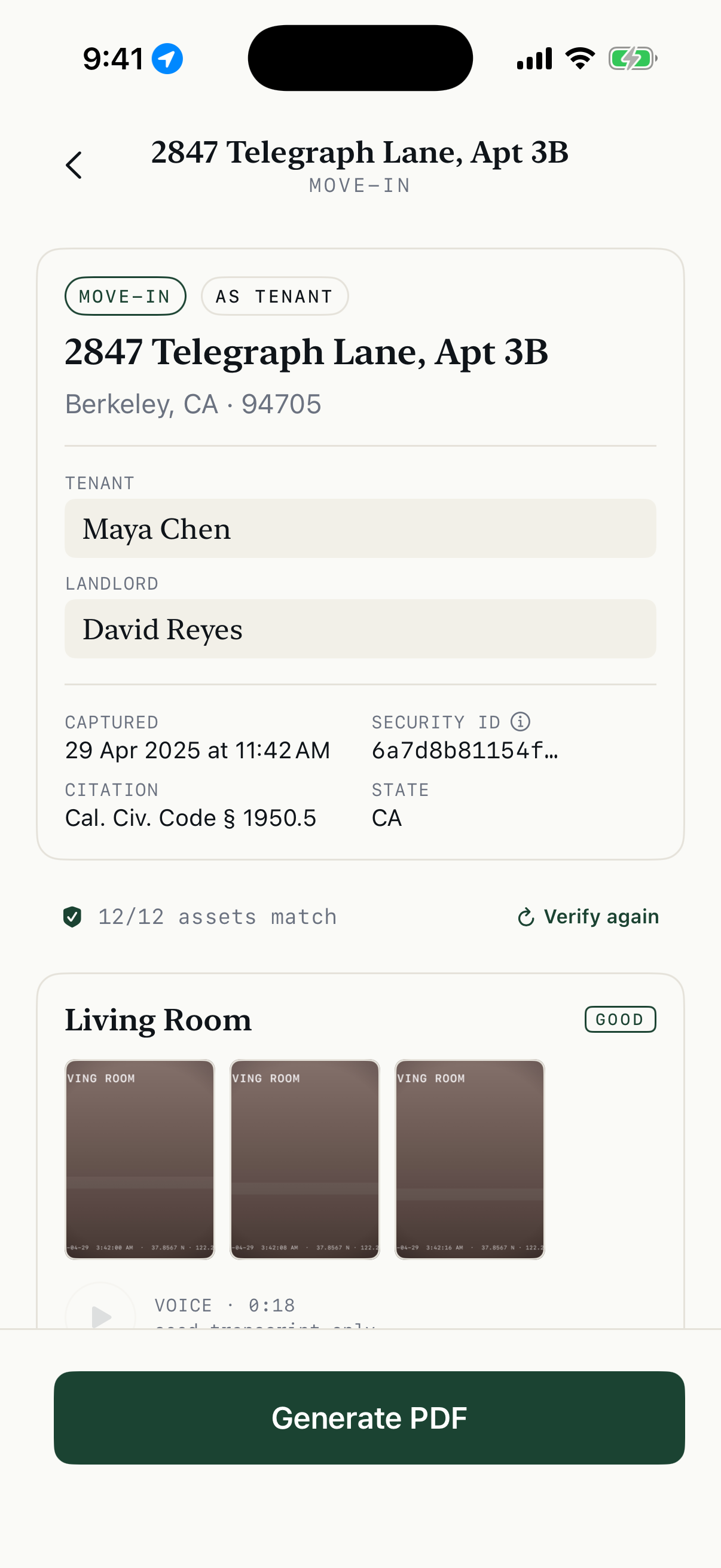 After-walkthrough screen with room conditions