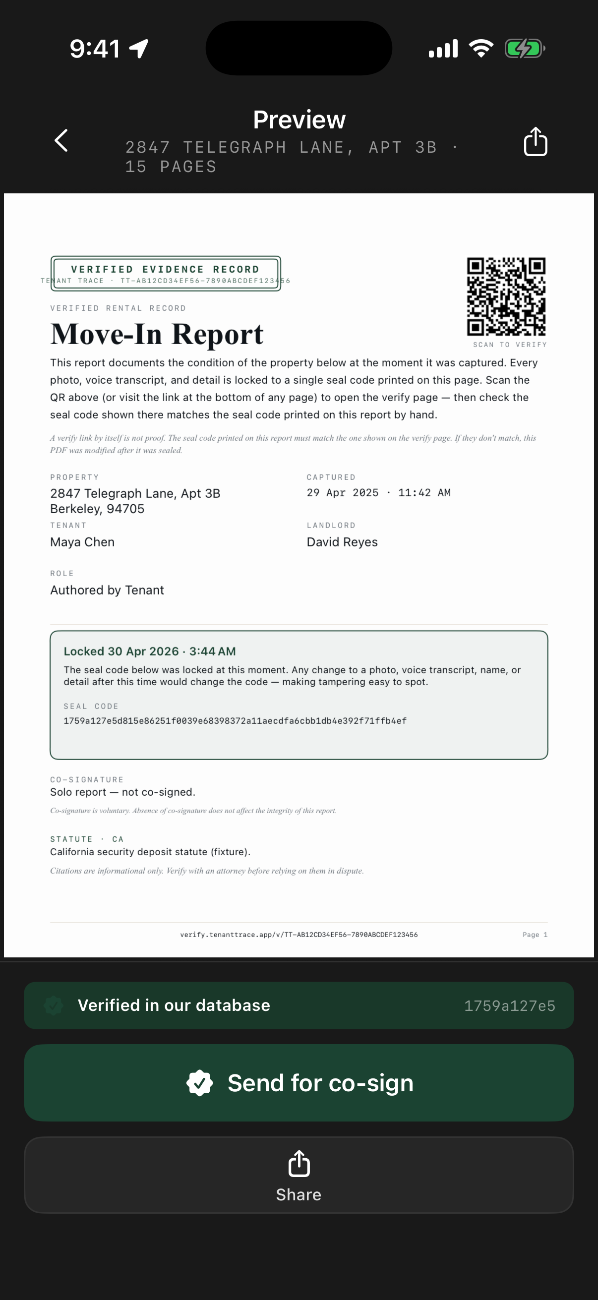 Sealed PDF preview with watermark