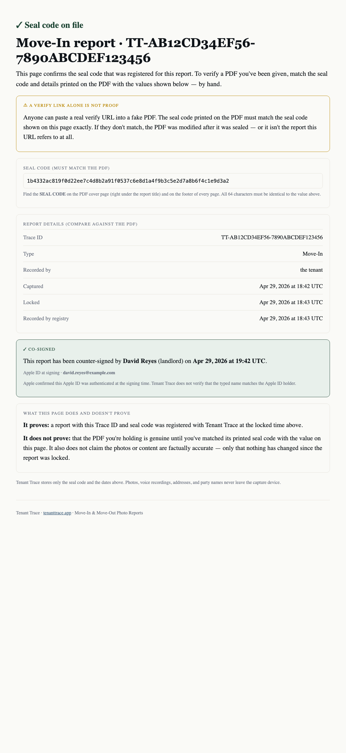 Verifier page on verify.tenanttrace.app
