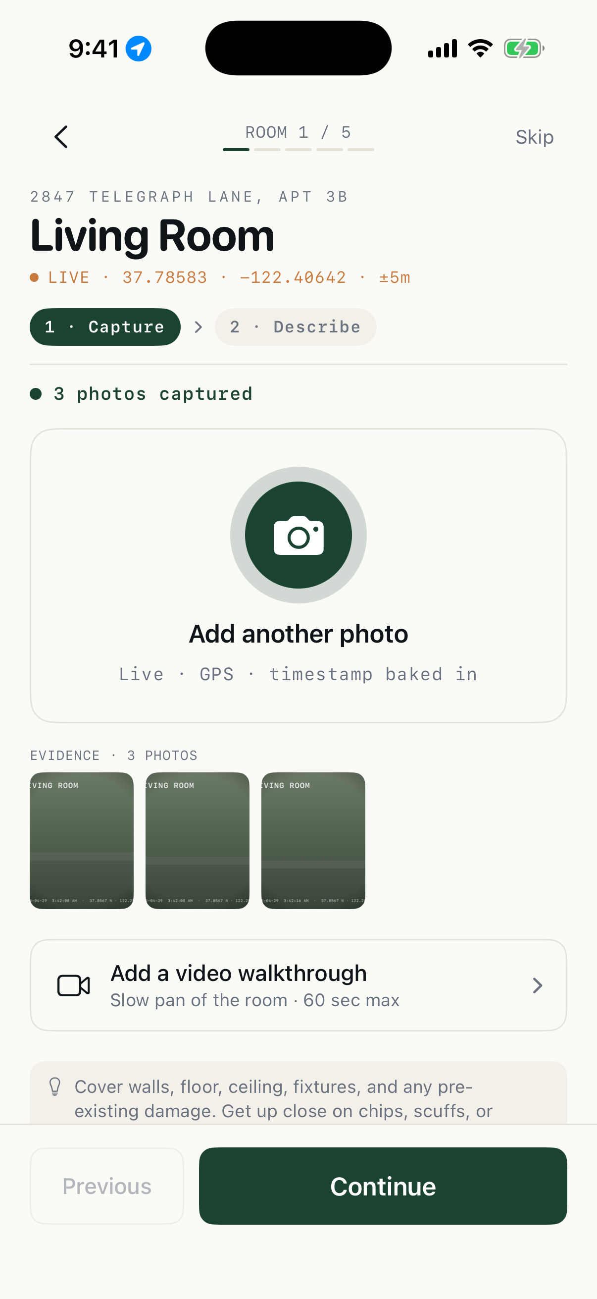 App walkthrough capture screen with GPS + timestamp overlay